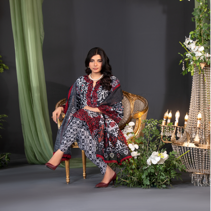 (Black and White) 3 Pc Embroidered Cambric Cotton Ready to Wear Dress | Eid Wear | Heera's