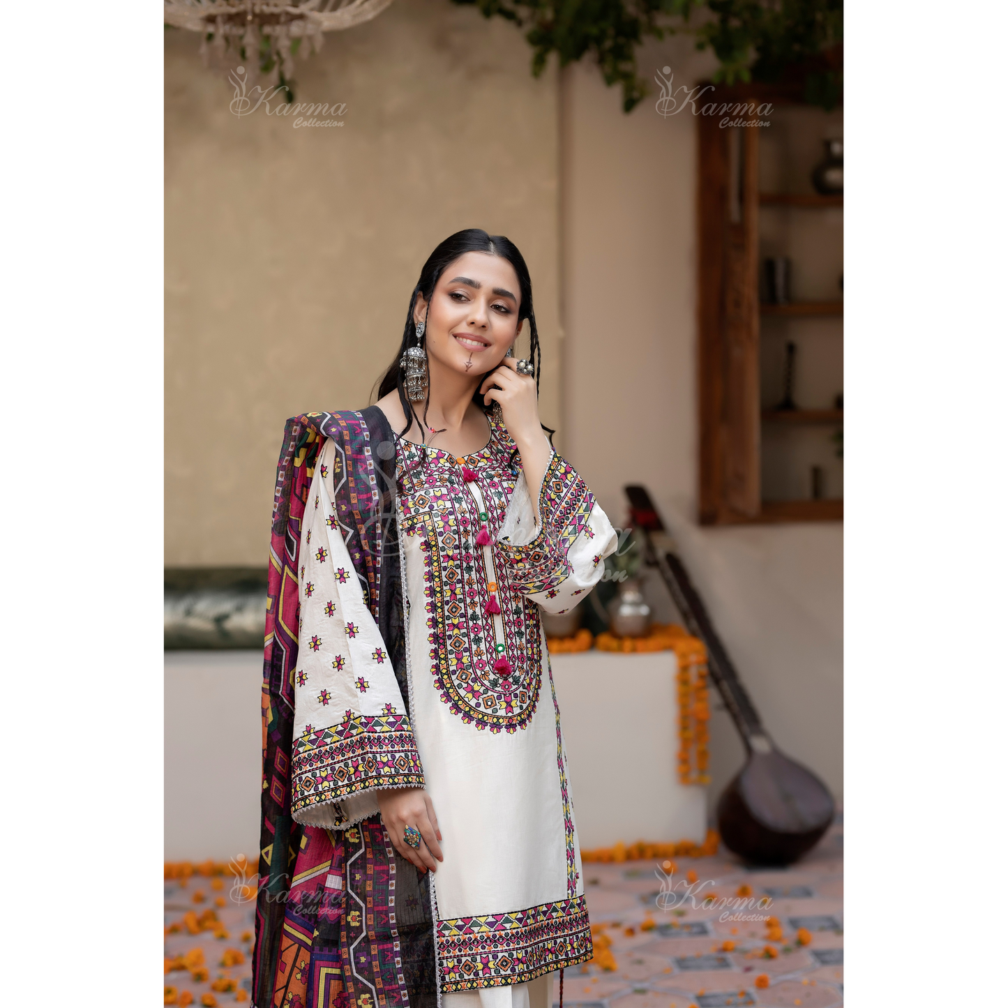 KC-1433 Embroidered Cambric Cotton Farshi Shalwar Kameez Ready to Wear 3 Pc - Karma Collection