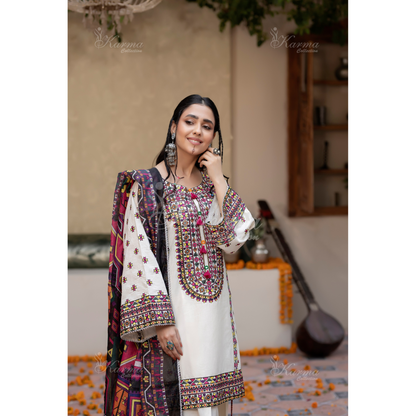KC-1433 Embroidered Cambric Cotton Farshi Shalwar Kameez Ready to Wear 3 Pc - Karma Collection
