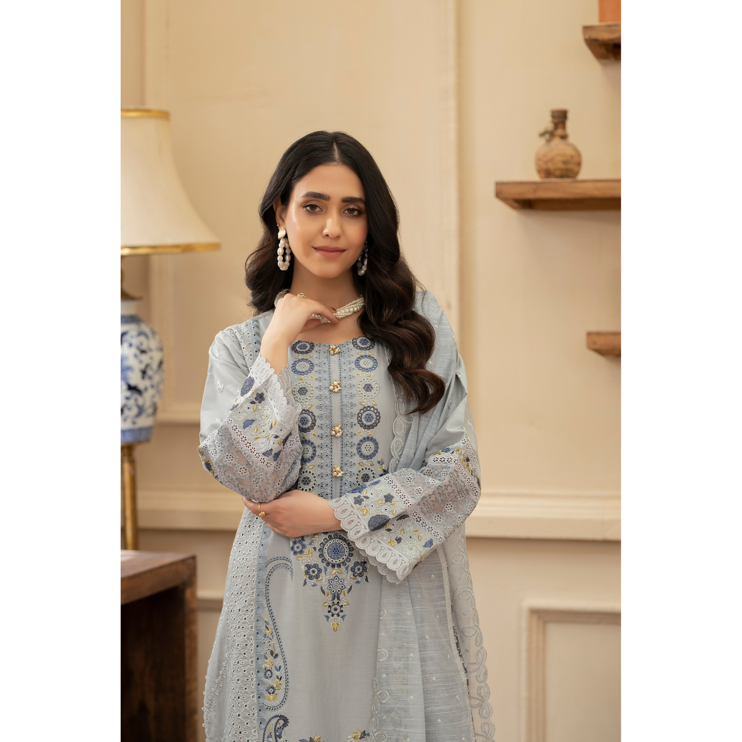 KC-1434 Embroidered Chikenkari Cambric Cotton Dress Ready to Wear 3 Pc - Karma Collection