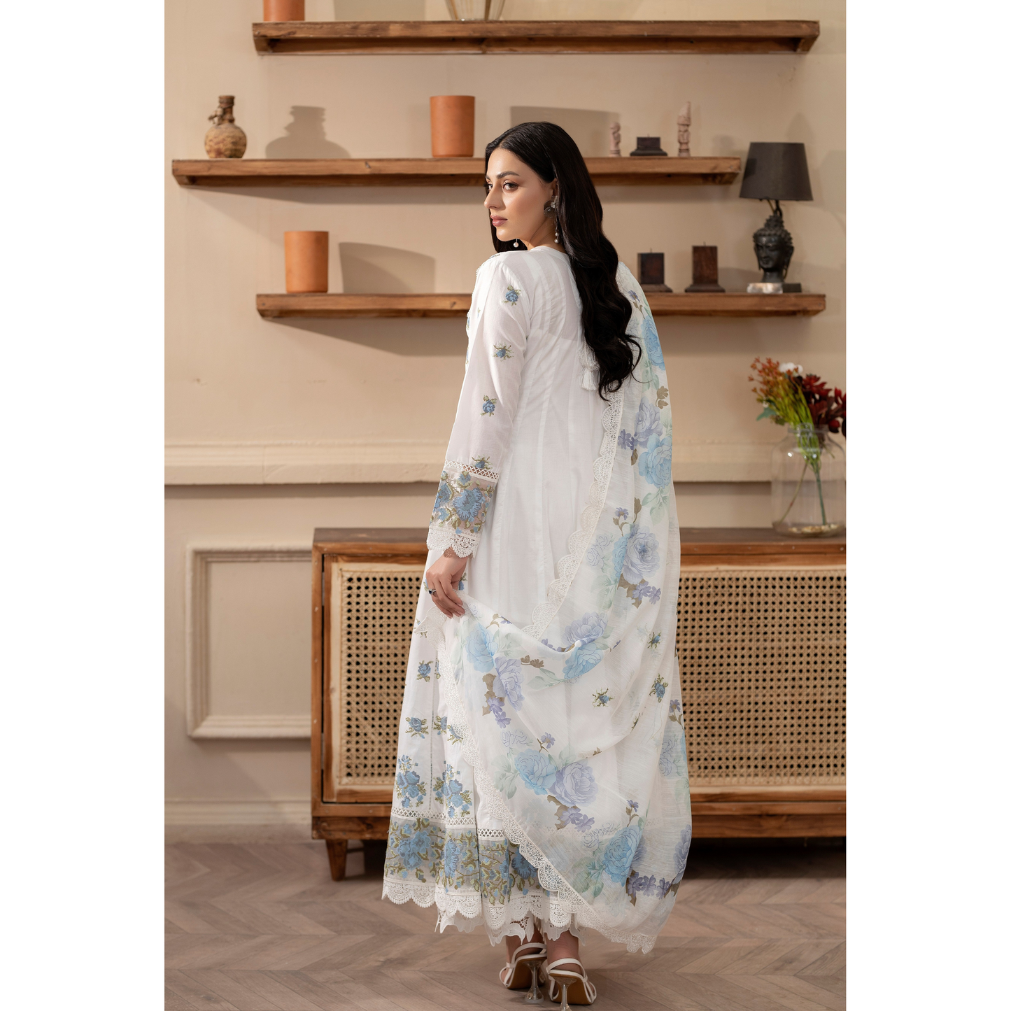 KC-1436 Embroidered Cambric Cotton long Frock Dress Ready to Wear 3 Pc - Karma Collection