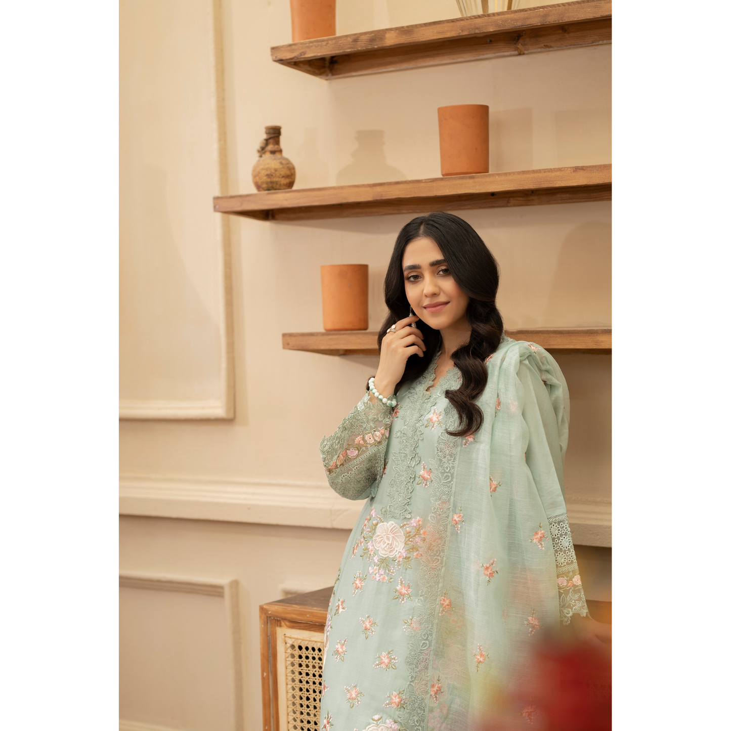 KC-1437 Embroidered Cambric Cotton long Frock Dress Ready to Wear 3 Pc - Karma Collection