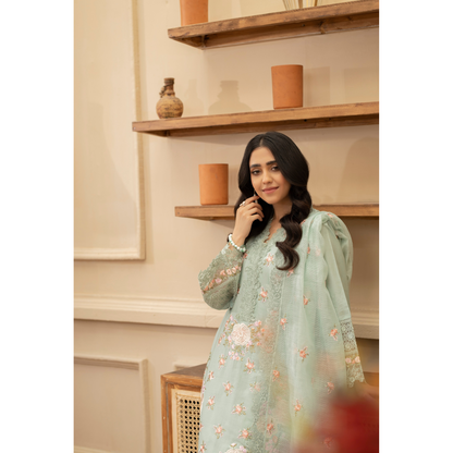 KC-1437 Embroidered Cambric Cotton long Frock Dress Ready to Wear 3 Pc - Karma Collection
