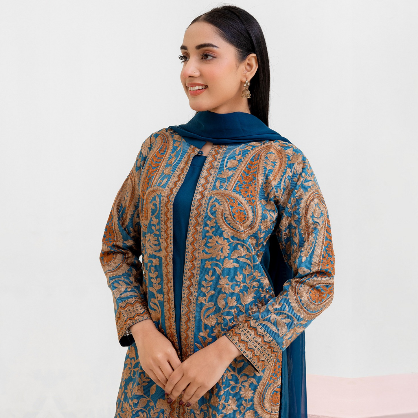 UMRZ-44 Embroidered Linen Coat Style Shirt with Pocket Trouser Dress and Chiffon Dupatta 3 Pc |Ready to Wear| Rangz