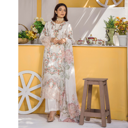 Floral Embroidered Viscose Linen 3 Pc Pakistani Dress | Ready to wear | Traditional Thread