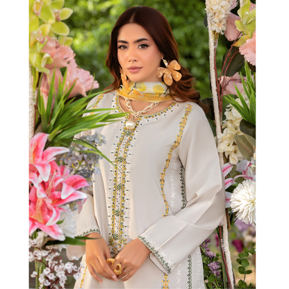 UHE-51 (Beige) 3 Pc Embroidered Cambric Cotton trending Farshi Shalwar ready to wear Dress | Summer Wear | Heera's