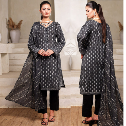 3 Pc Printed Lawn Monochrome Collection - Saphron