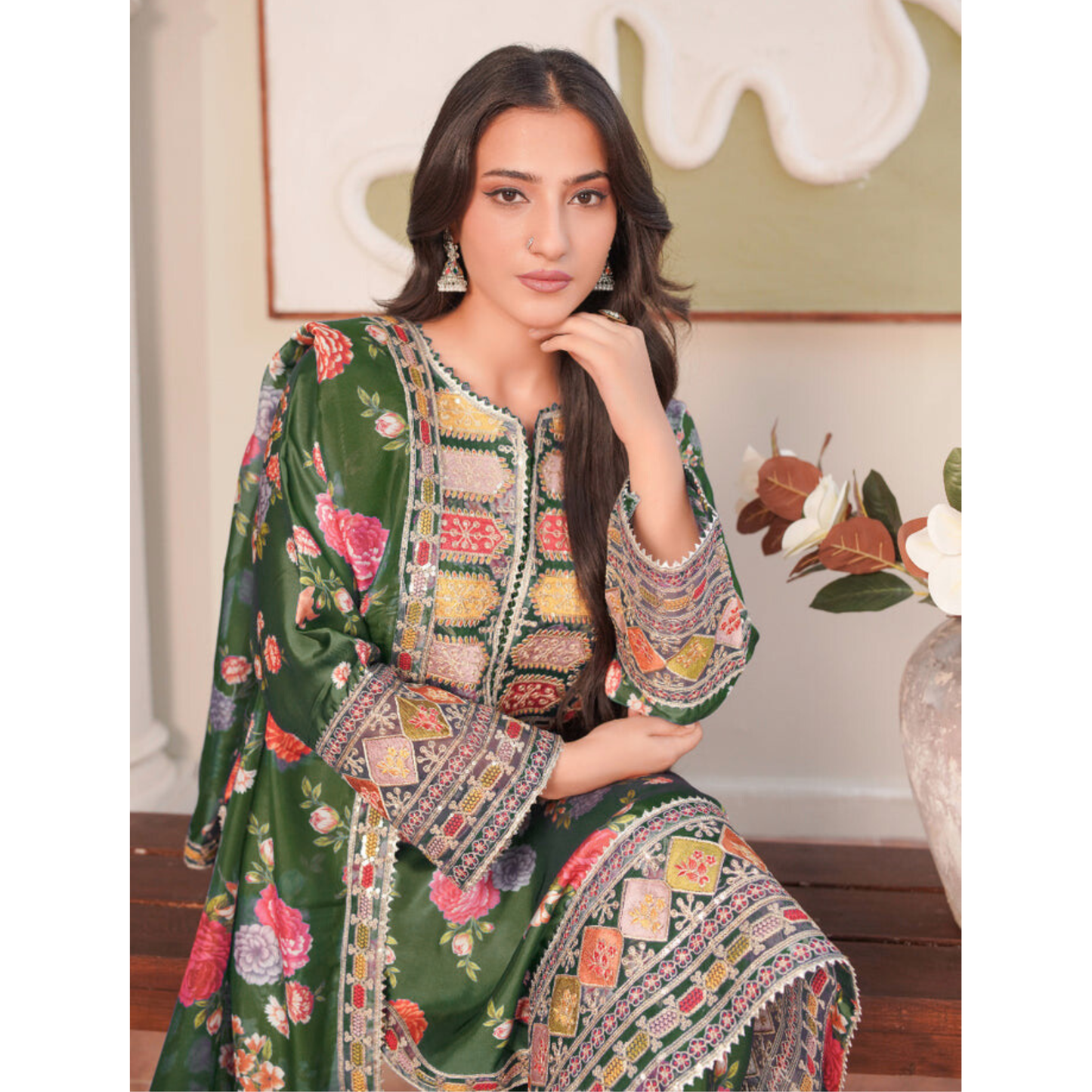 UA-136 Embroidered Shamoz Silk 3 Pc dress | Ready to Wear Asian Clothes  | Umnaa