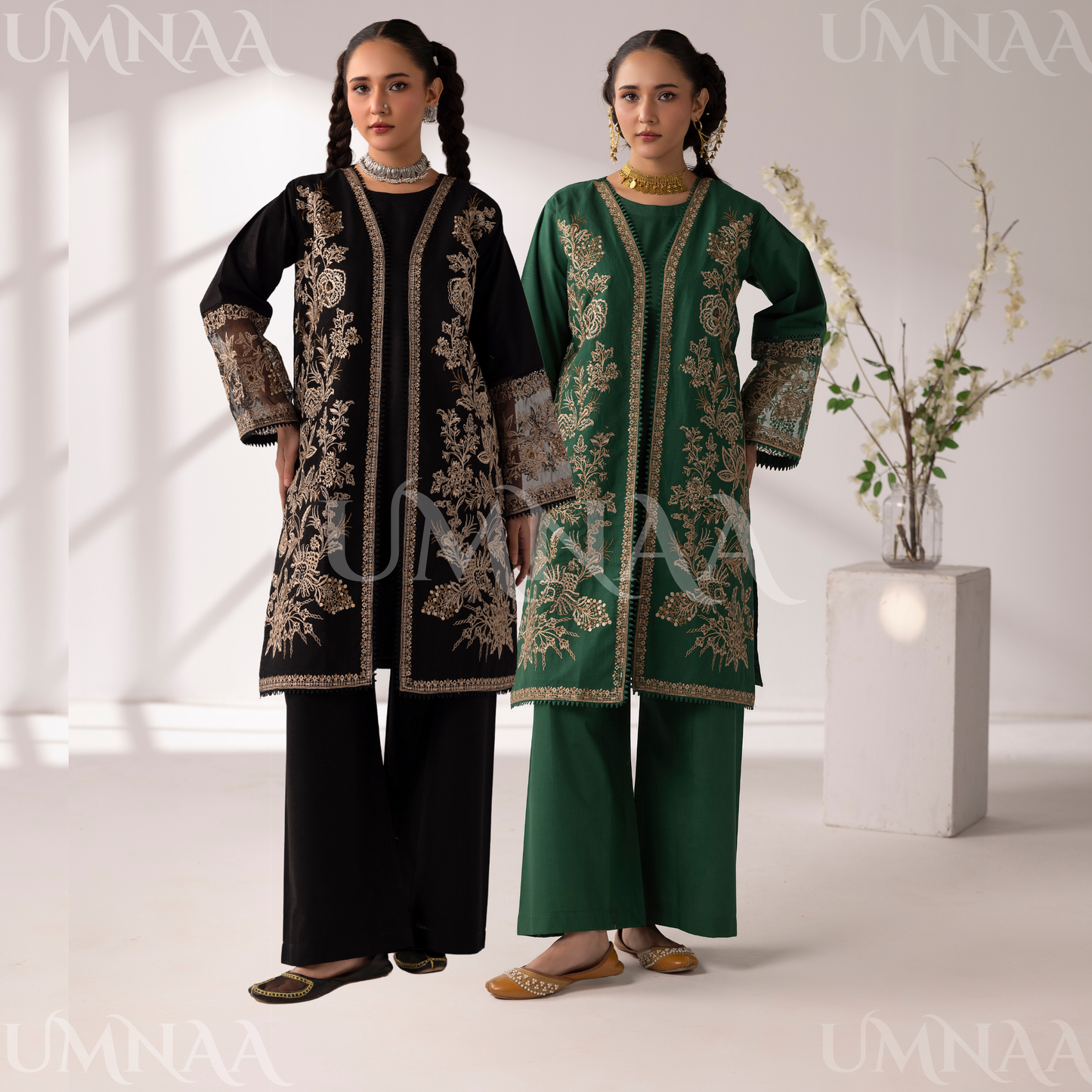 UMS-52 Maria.B inspired Embroidered Khaddar Jacket style dress with chiffon Duppatta by Simrans