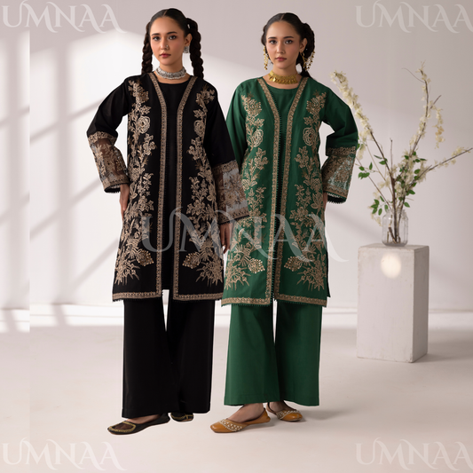 UMS-52 Maria.B inspired Embroidered Khaddar Jacket style dress with chiffon Duppatta by Simrans