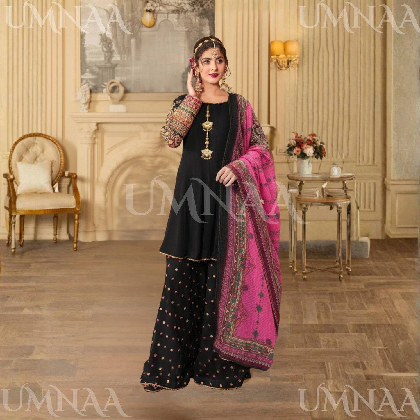 UA-166 Embroidered Chiffon Viral Sharara 3-Piece Collection by Umnaa