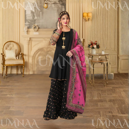 UA-166 Embroidered Chiffon Viral Sharara 3-Piece Collection by Umnaa