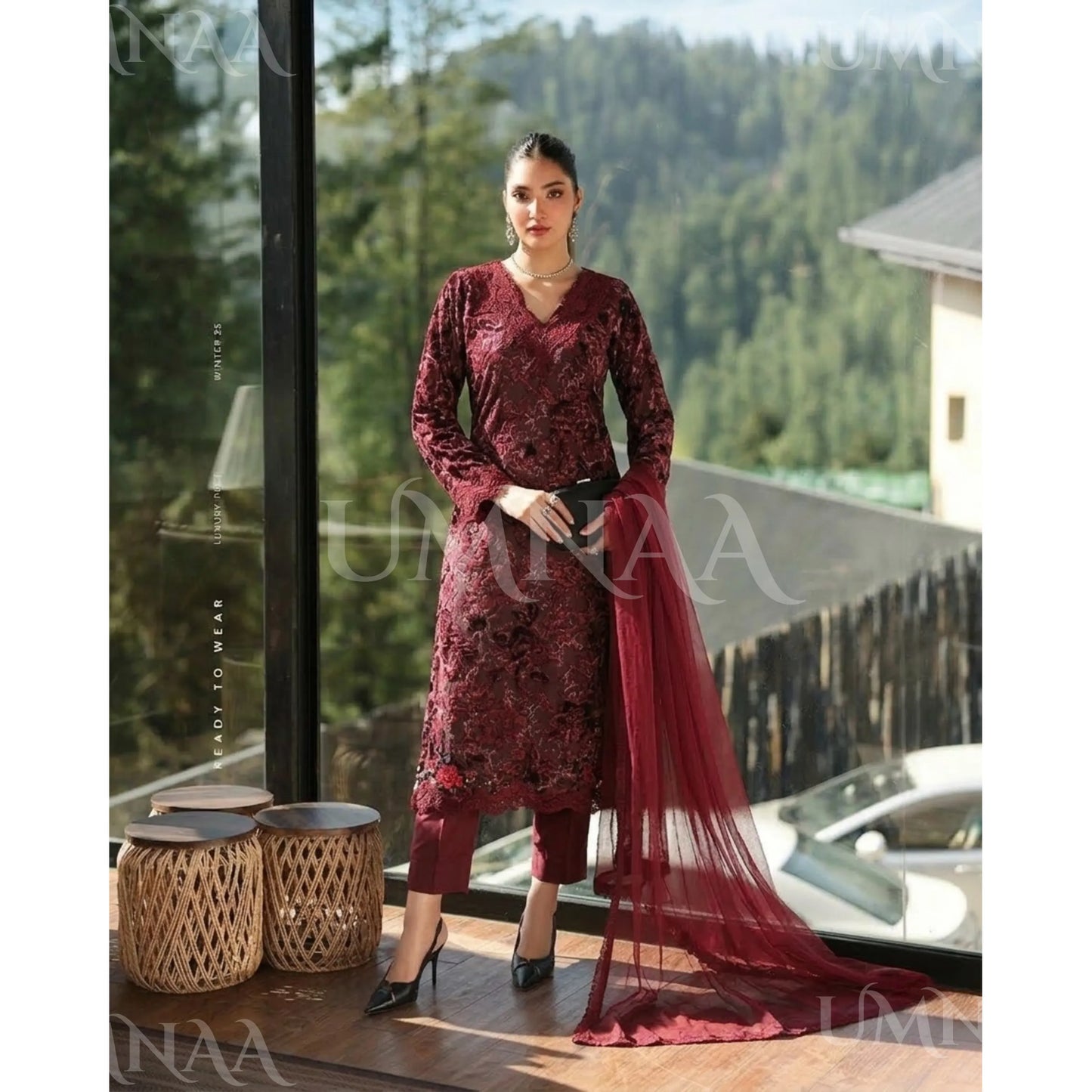 UA-175 Festive Palachi Velvet Dress with Chiffon Dupatta 3 Pc Collection by Umnaa