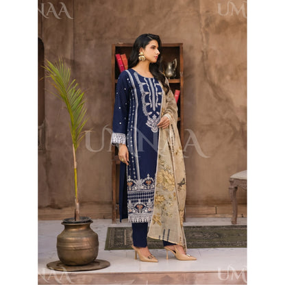 UB-03 3 Pc Embroidered Linen Dress With Cotton Silk Printed Dupatta  By UB