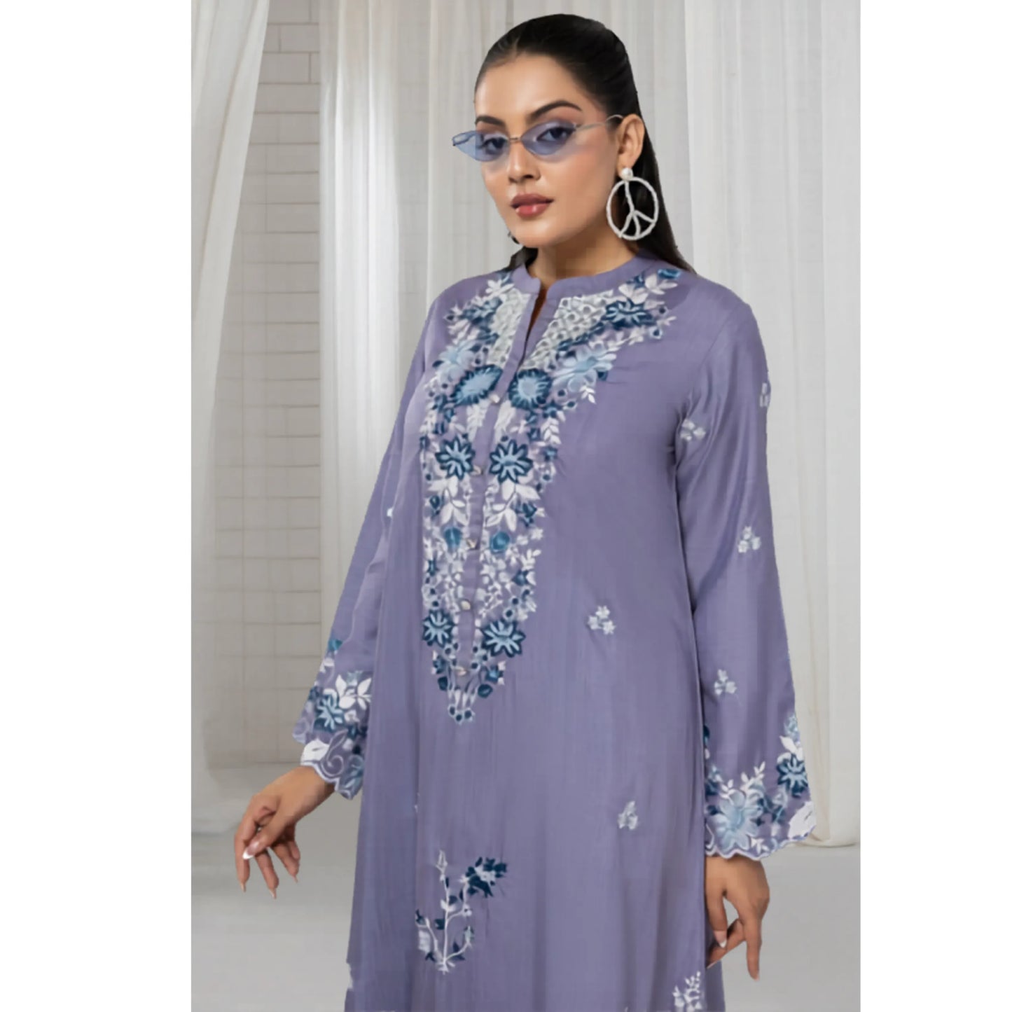 UTT-22 Embroidered Viscose Linen Kaftan Style 2 Piece Co Ord Set Collection by Traditional Thread