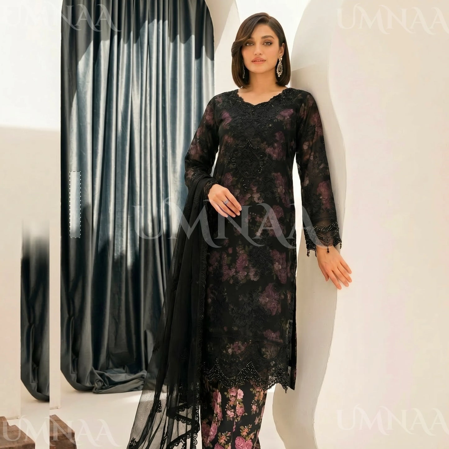 UA-184 Embroidered Chiffon 3-Piece with Printed Lining & Trouser