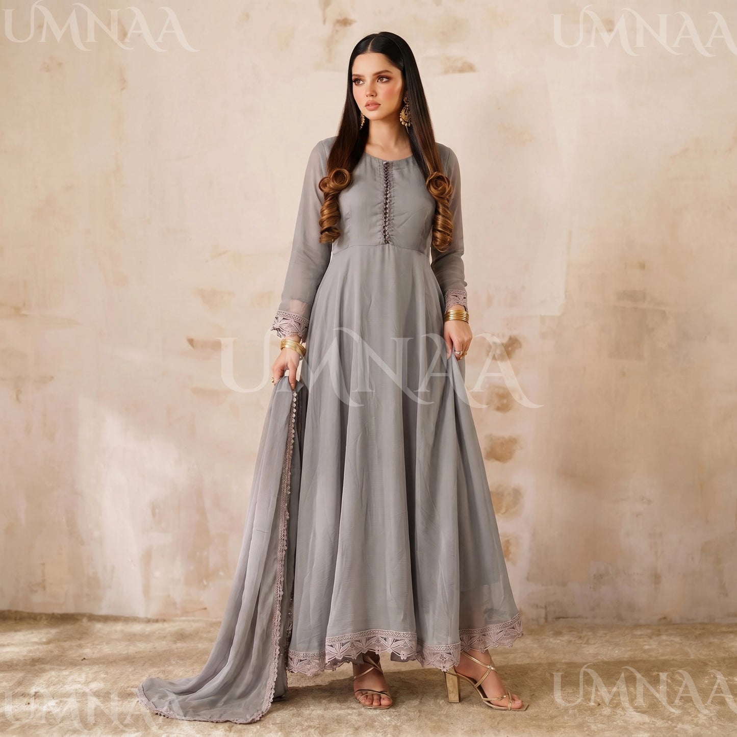 UA-204 Luxury Embroidered Chiffon Frock Collection 3 Pc | Ready to Wear | Umnaa