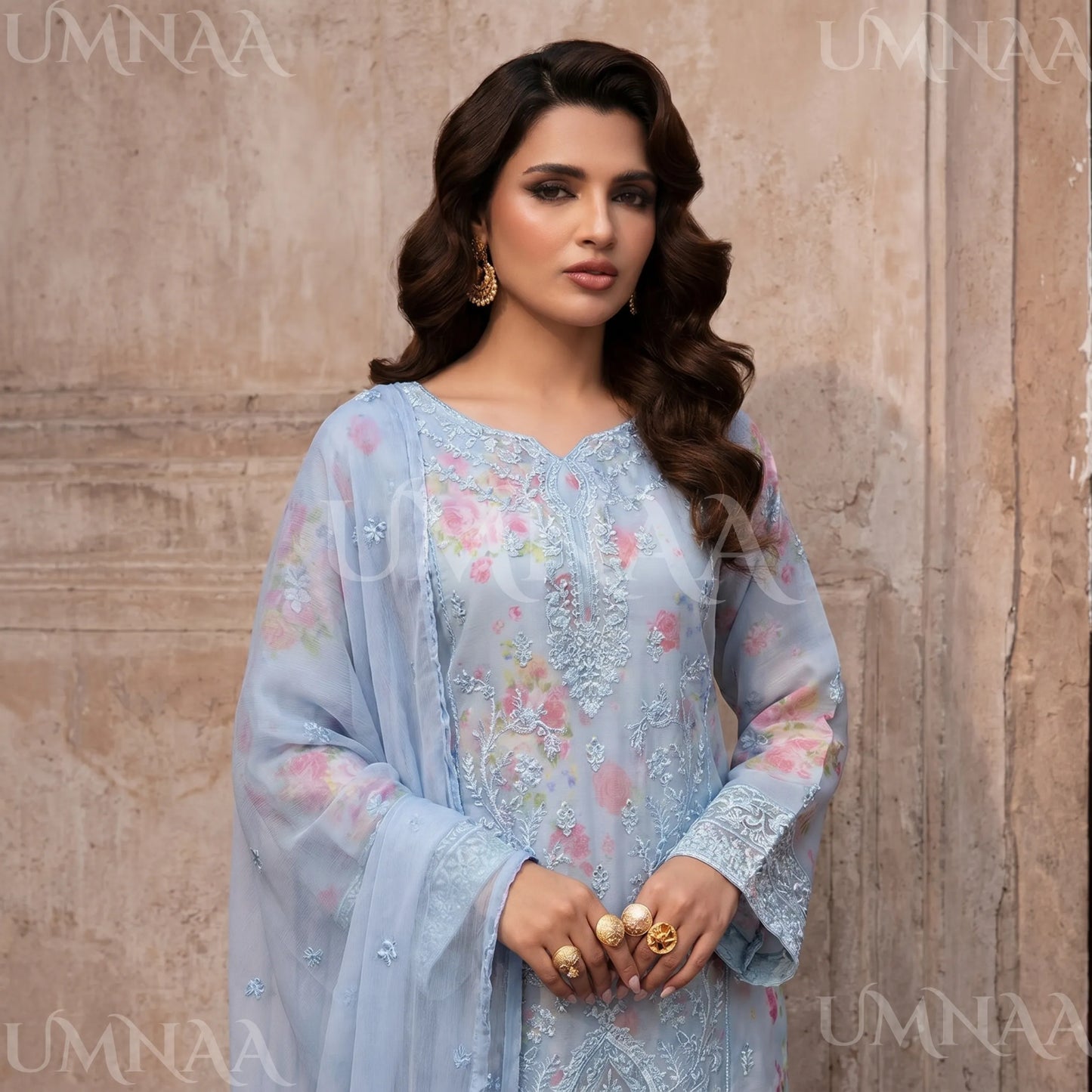 UA-205 Embroidered Chiffon 3-Piece with Printed Lining & Trouser