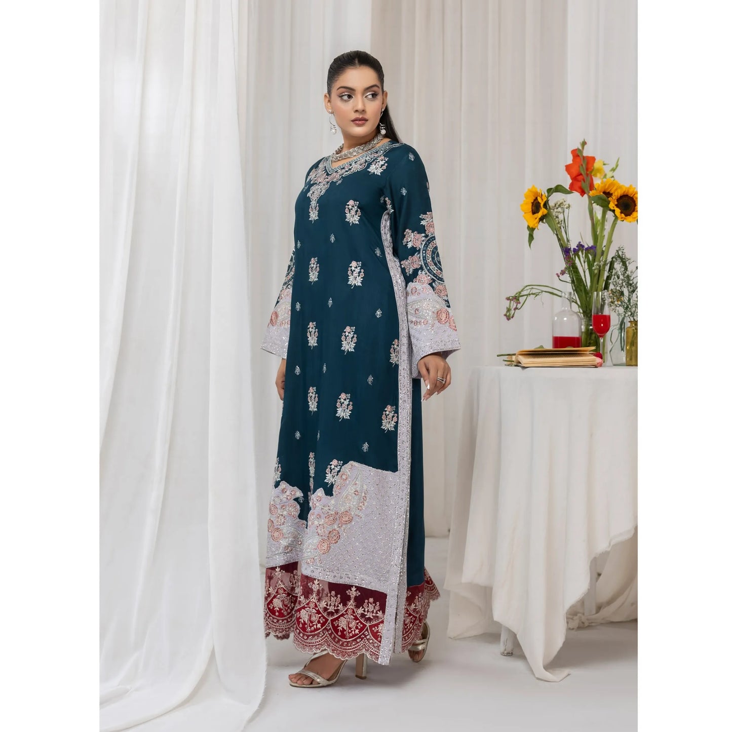 UTT-23 Embroidered Viscose Linen Kaftan Style 2 Piece Co Ord Set Collection by Traditional Thread