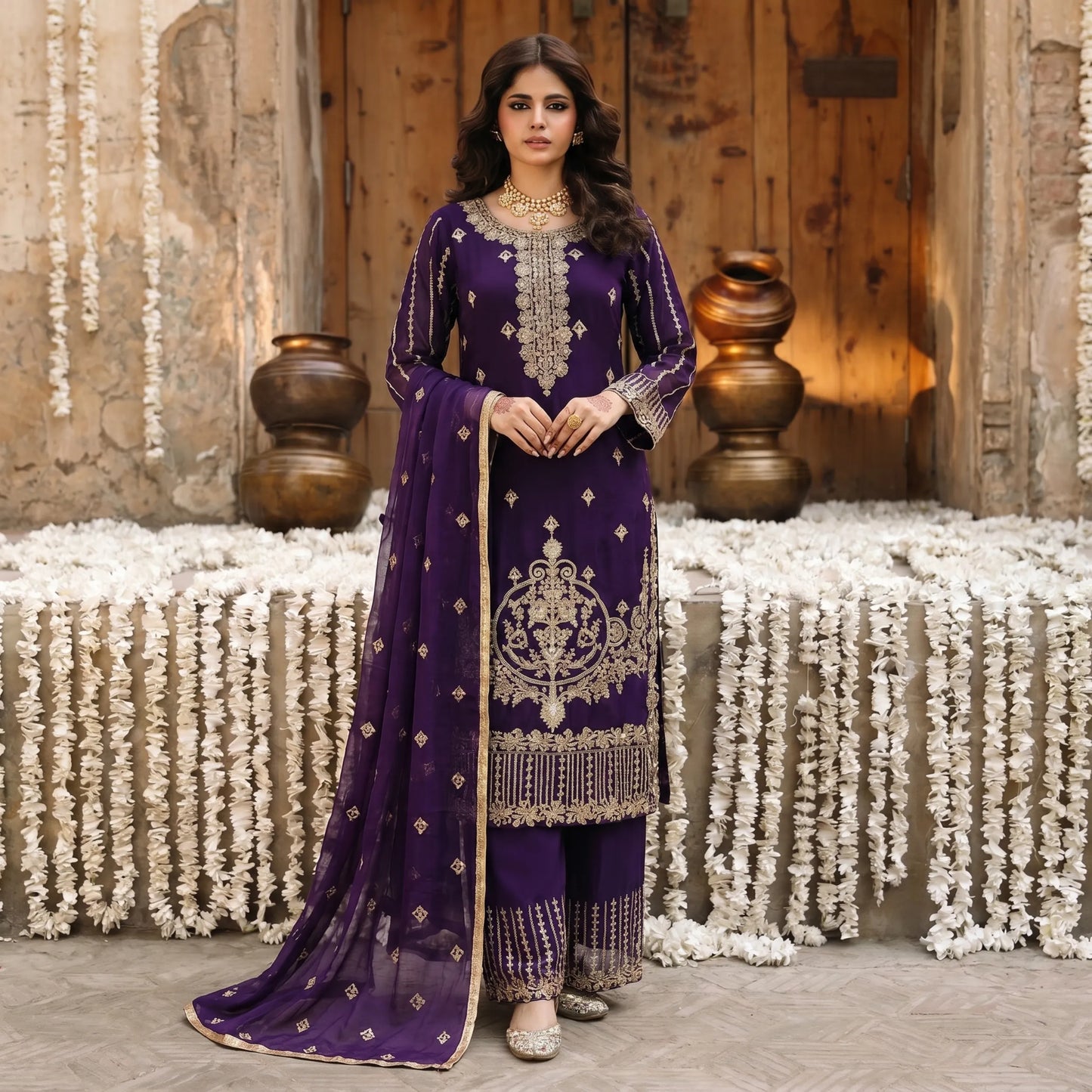 U-73 3 Pc women's Embroidered Chiffon salwar kameez Pakistani Indian fashion Traditional Womenswear Festive collection-UMNAA