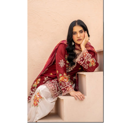 UMRZ-62 "Crimsons" by Rangz Embroidered Cotton with poly Lawn Sharara Festive collection| Ready to Wear Pakistani Asian clothes