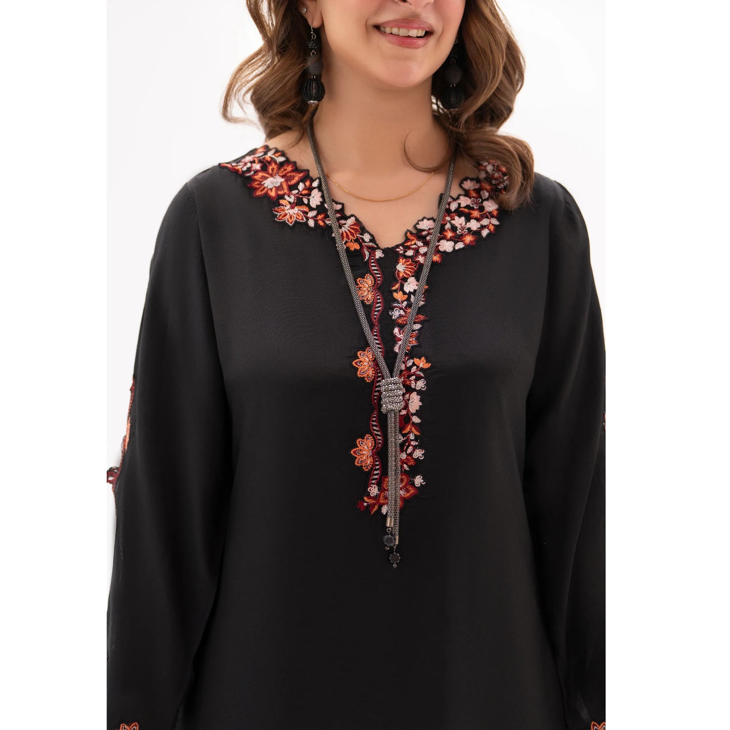 RA-32 MIDNIGHT BLOSSOM Embroidered Raw Silk Long Kaftan Style 2 Piece | Elegant Women's Festive & Formal Wear