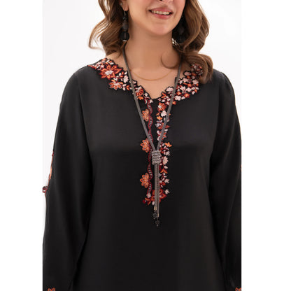 RA-32 MIDNIGHT BLOSSOM Embroidered Raw Silk Long Kaftan Style 2 Piece | Elegant Women's Festive & Formal Wear