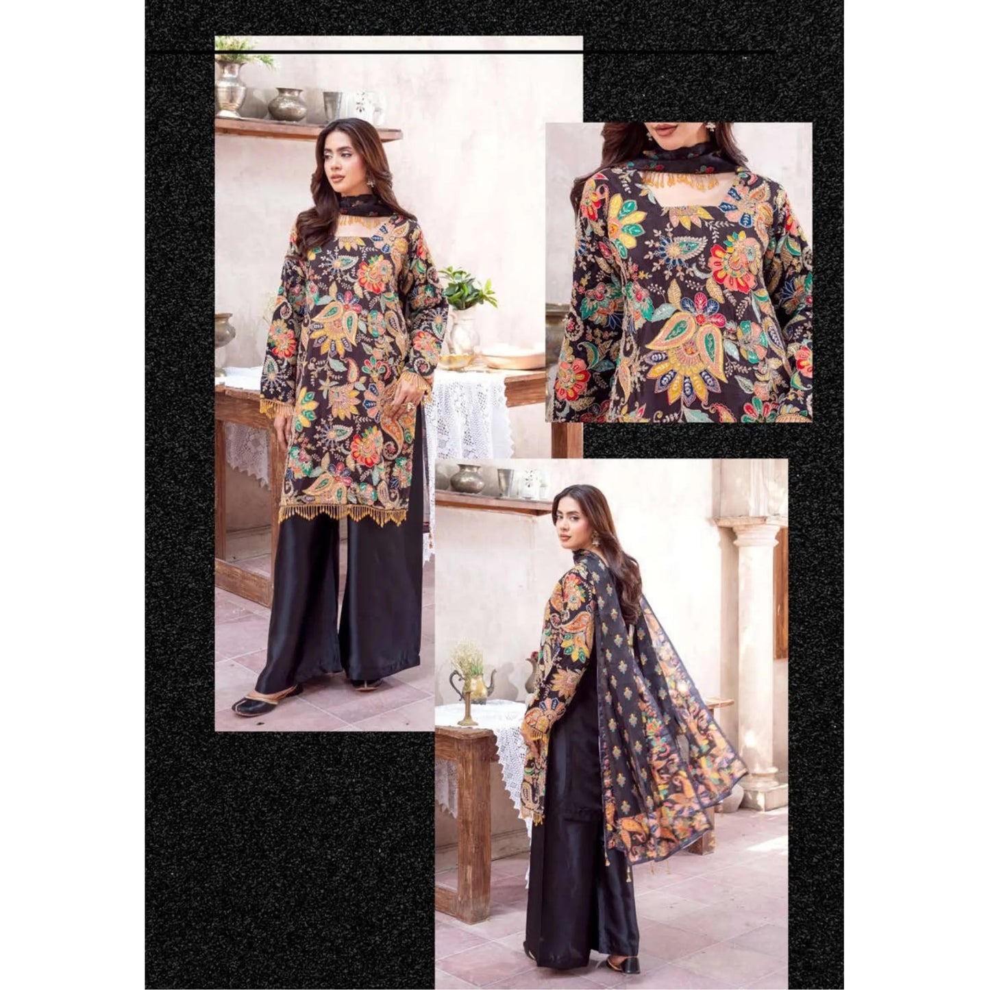 UA-225 Trendy Indian Armani Silk 3 Piece Suit by Umnaa | Embroidered Kameez with Shamoos Silk Shararah & Apple Silk Dupatta | Festive & Party Wear