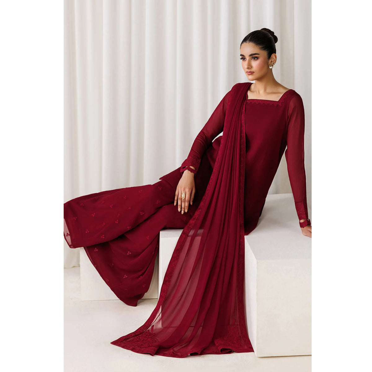 UA-230 Chiffon Sharara Full Sleeves Lined 3 Piece Suit | Chiffon Shirt with Embroidered Sharara & Dupatta | Formal Party Wear