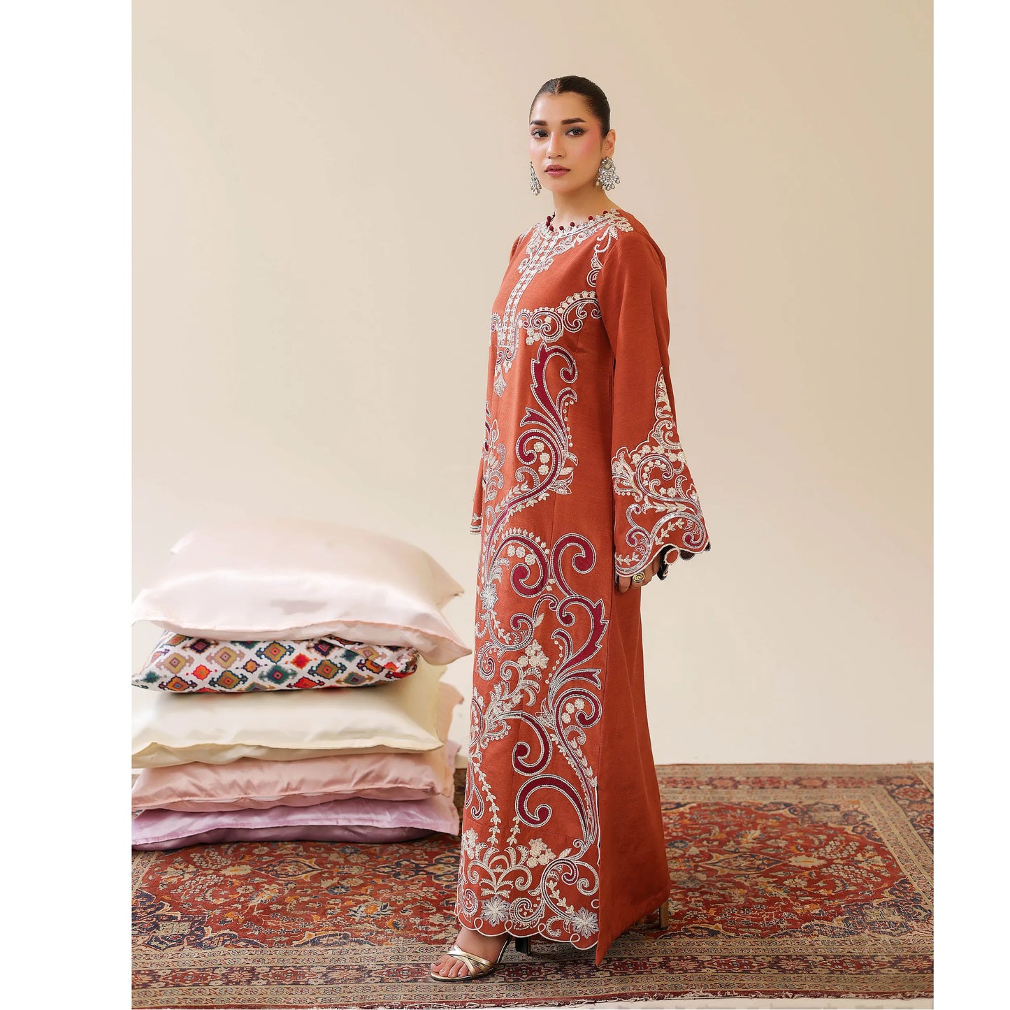 UAL-02 Embroidered Kaftan Raw Silk Co-Ord Set 2 Pc | Adan's Libas