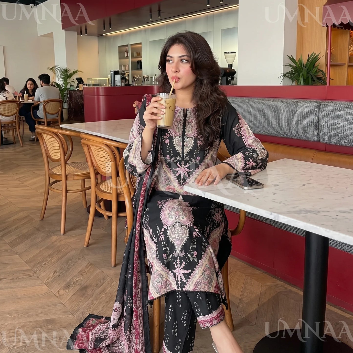 UA-274 Printed Lawn Long Kaftan Style 3 Pc Collection | Umnaa