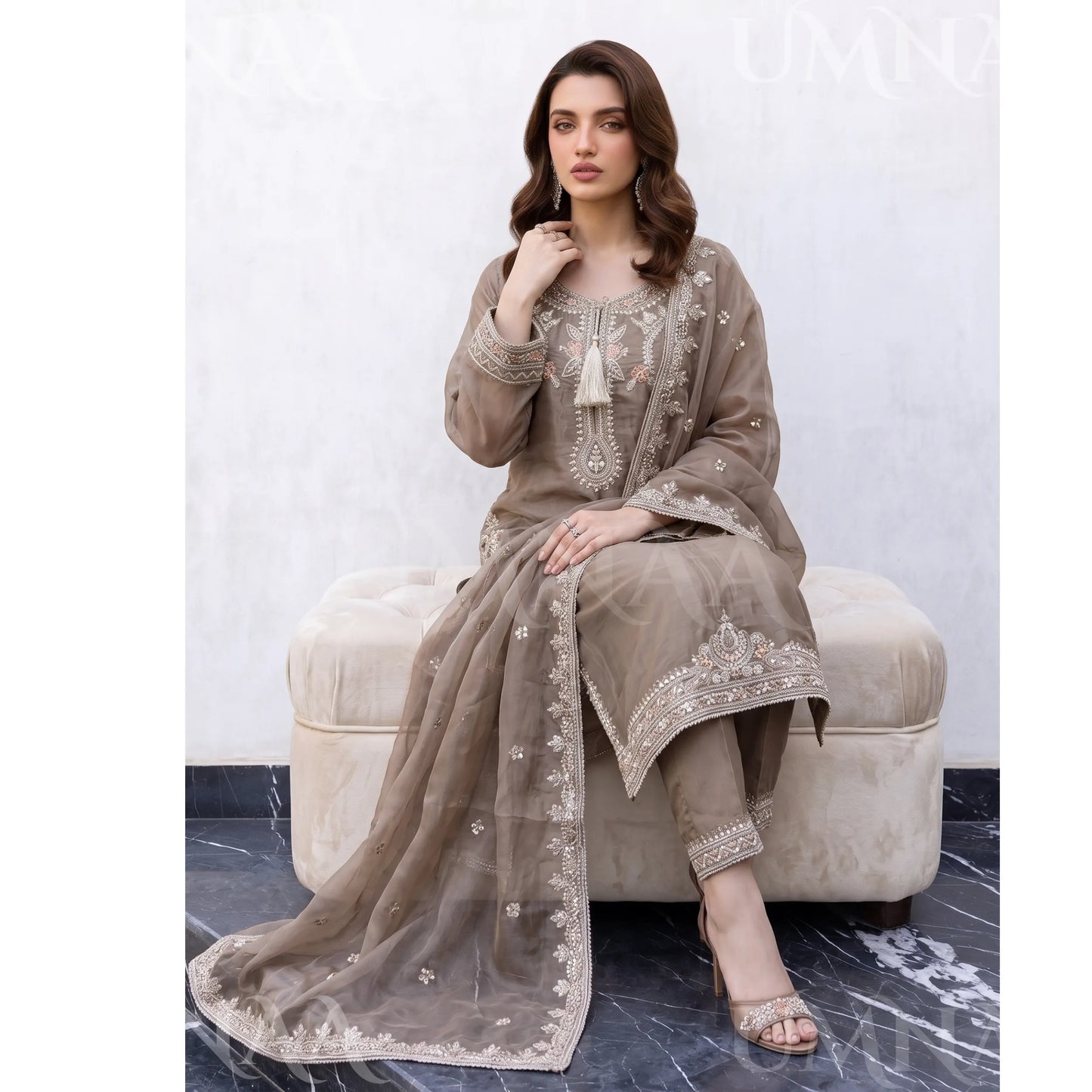 UA-289 Luxury Silk 3-Pc Suit | Embroidered Pakistani Formal Wear