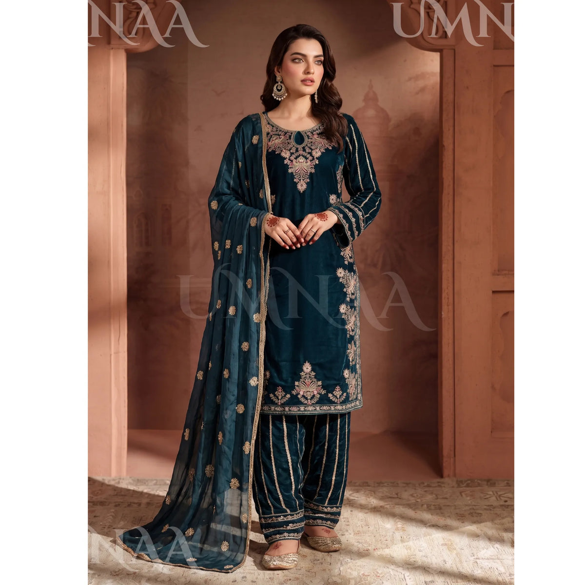 UA-293 Embroidered Luxury Velvet Collection | Umnaa - Teal Blue
