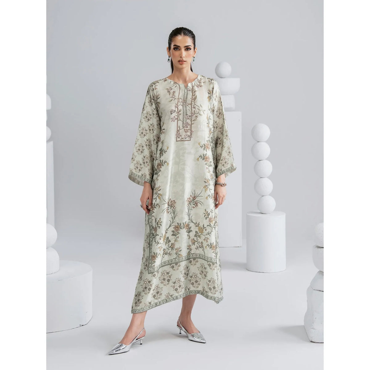 UAL-08 Printed Silk Kaftan with Trouser 2 Pc Set | Ally's - Cloud White