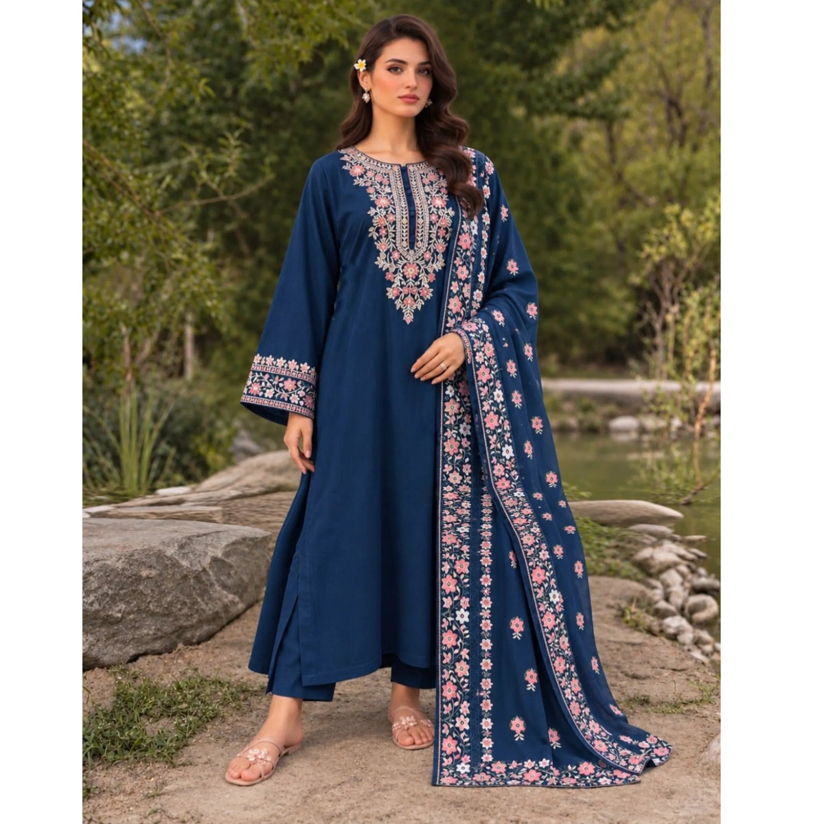 UA-326 Embroidered Dhanak Kaftan Style 3 Pc | Umnaa