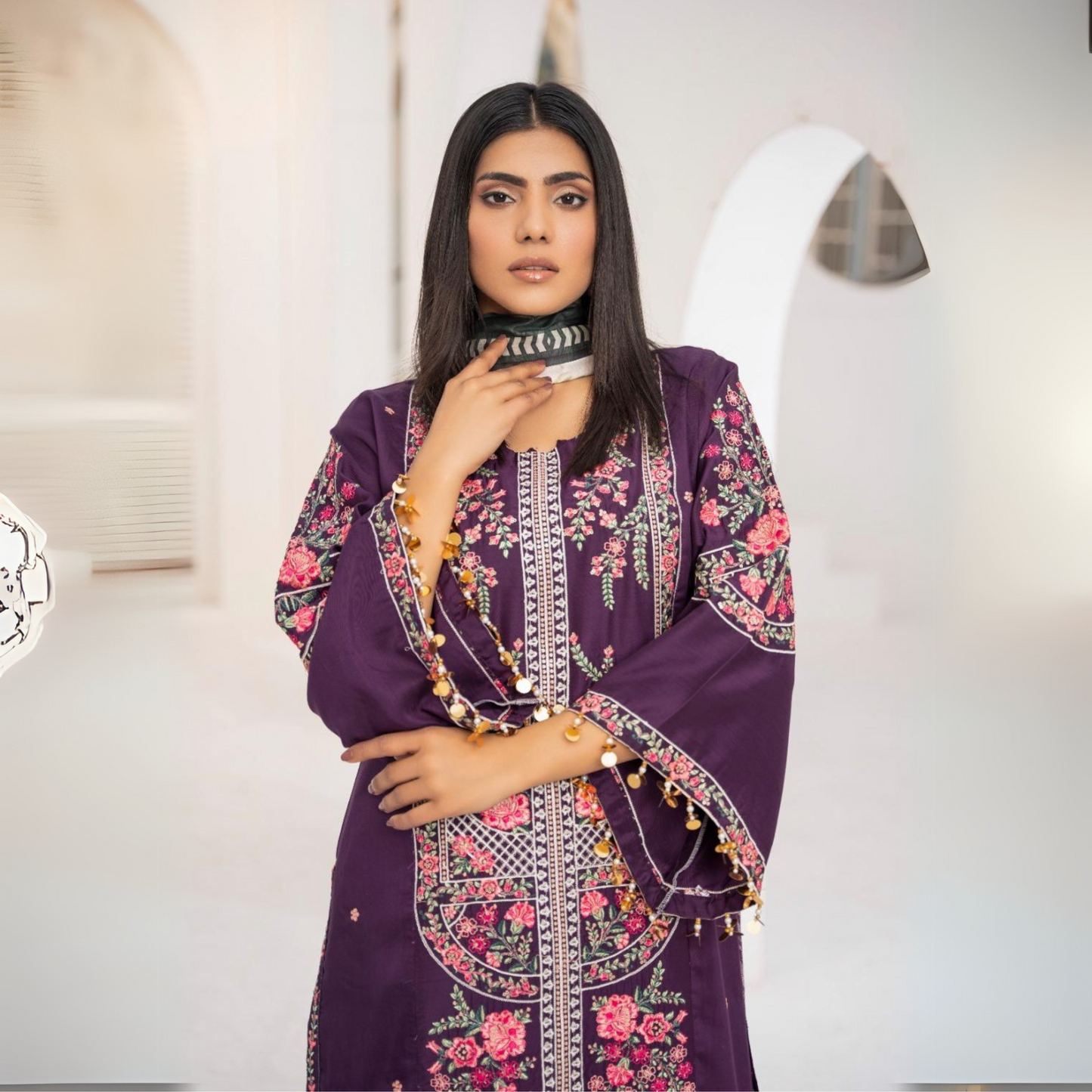 UA-62 Plum Embroidered Viscose Linen 3 Pc Pakistani Dress | UMNAA