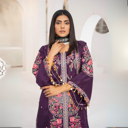 UA-62 Plum Embroidered Viscose Linen 3 Pc Pakistani Dress | UMNAA