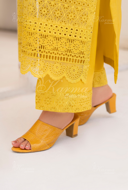 KC- 1385 | Mustard | 3 Pc | Chikenkari Cotton Lawn | Karma Collection