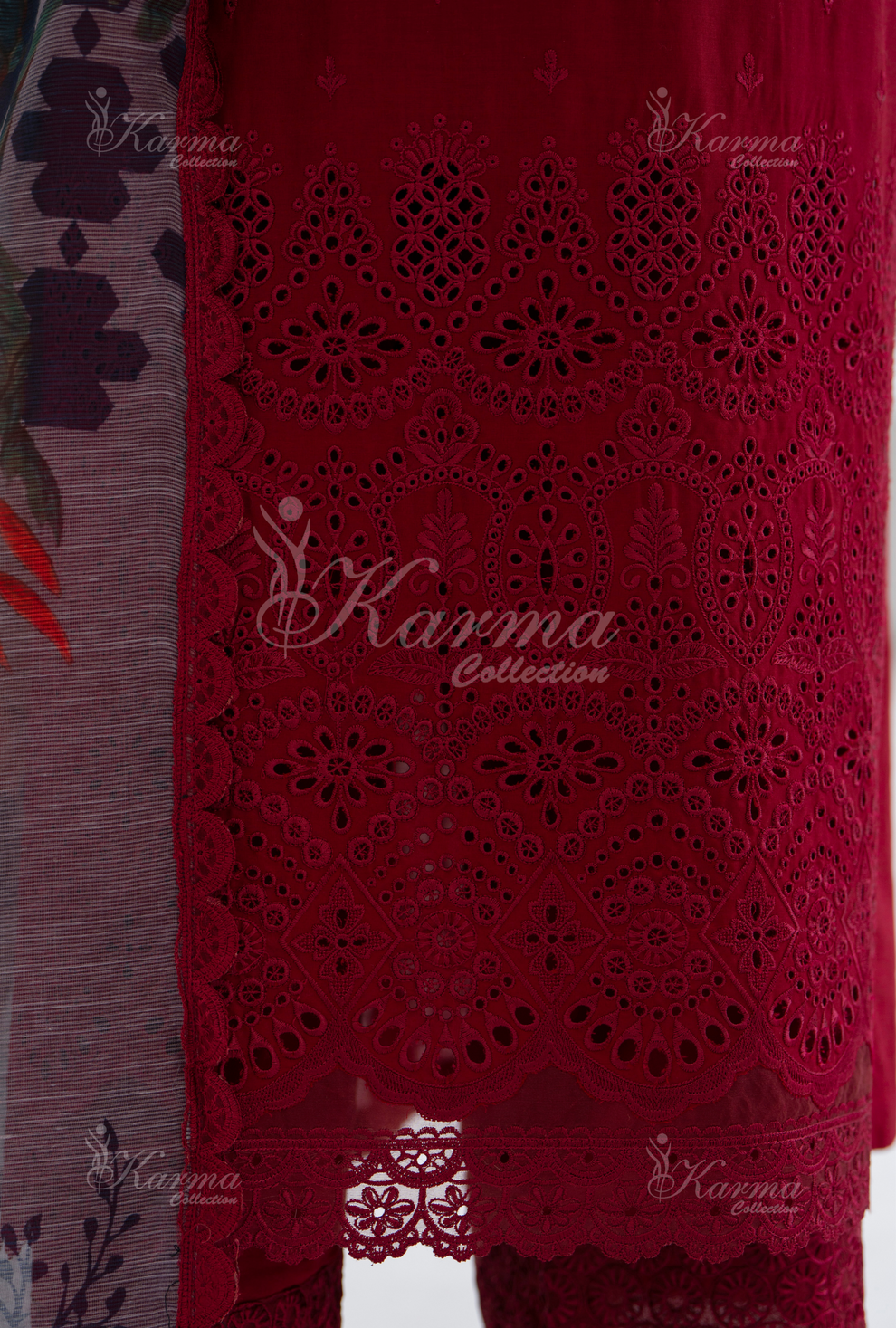 KC- 1393 | Rose Red | 3 Pc | Chikenkari Cotton Lawn | Karma Collection