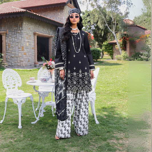 (Black & White) trendy Farshi Shalwar Embroidered Cambric Cotton Embroidered Dress | Ready to Wear | Heera's