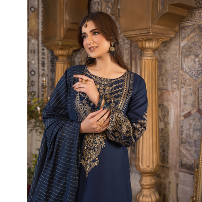 UHE-50 (Navy blue) 3 Pc Embroidered Cambric Cotton ready to wear Dress | Eid Wear | Heera's
