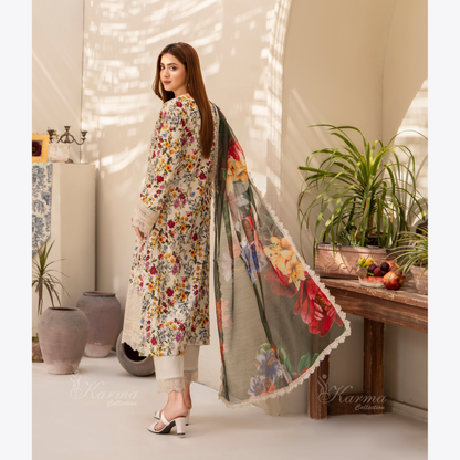 Multi floral Print Cotrai dhanak with pasmina wool shawl 3 Pc - Karma Collection | UMKC0601