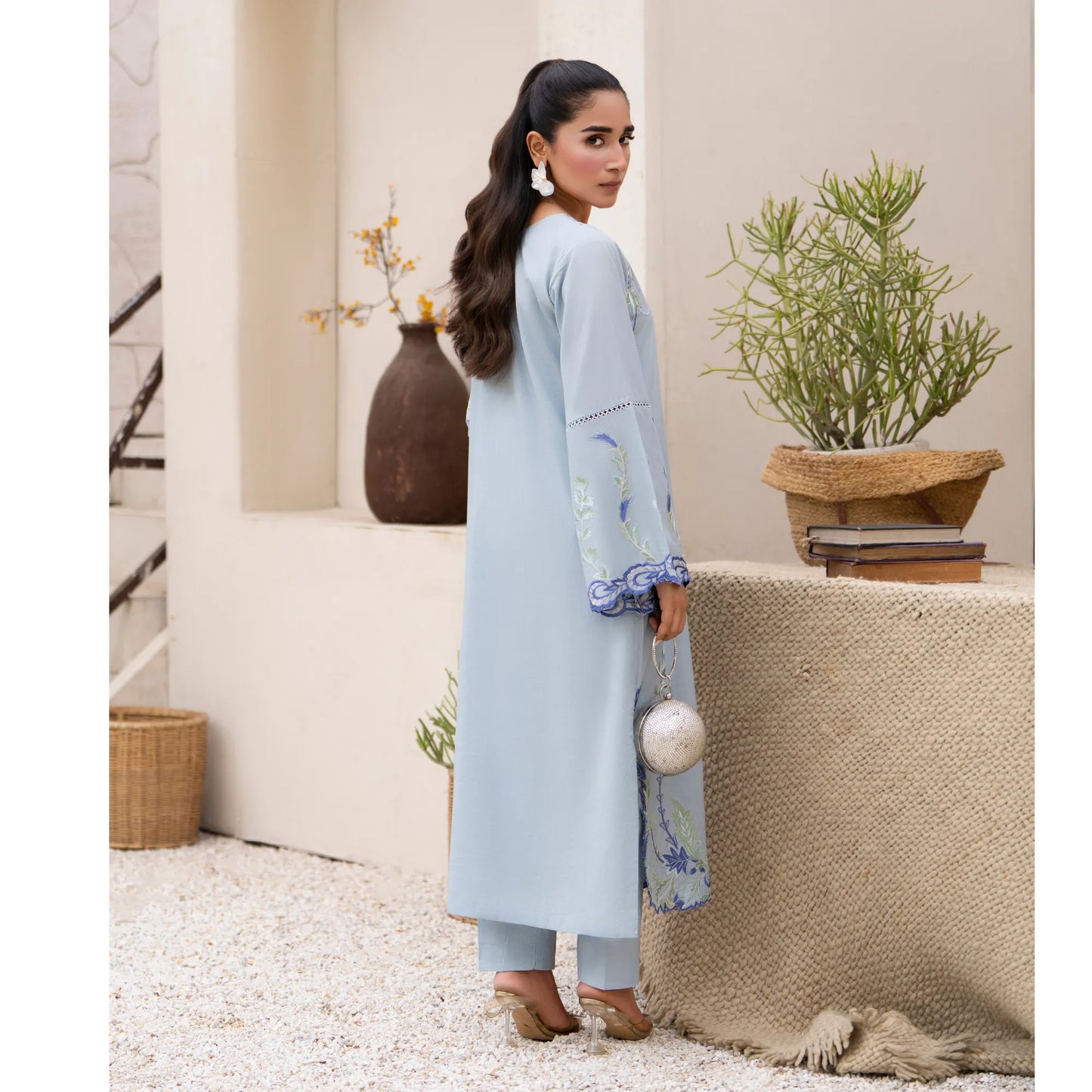 UA-247 Embroidered Cambric Cotton Kaftan Style Co-Ord Set Asian Wear | Umnaa