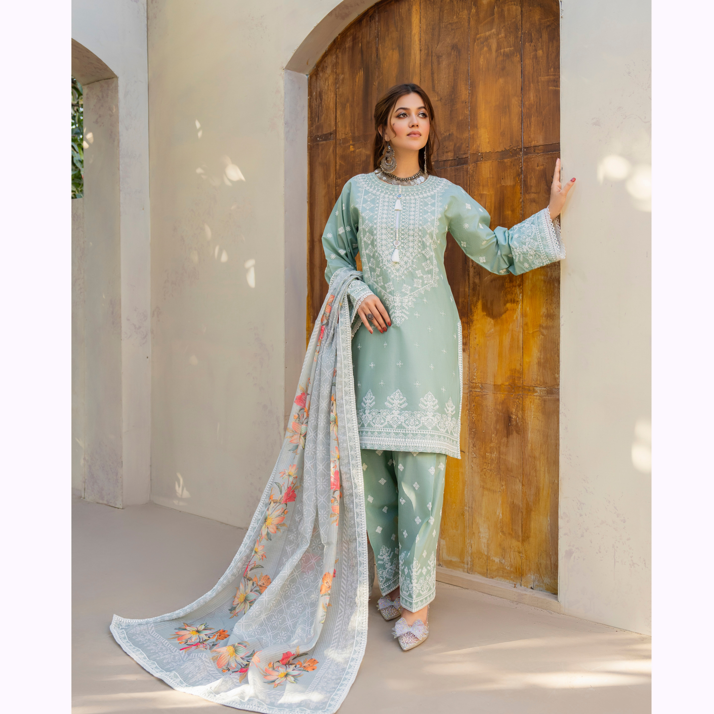 KC-1444 Embroidered Cambric Cotton Farshi Shalwar Ready to Wear 3 Pc - Karma Collection