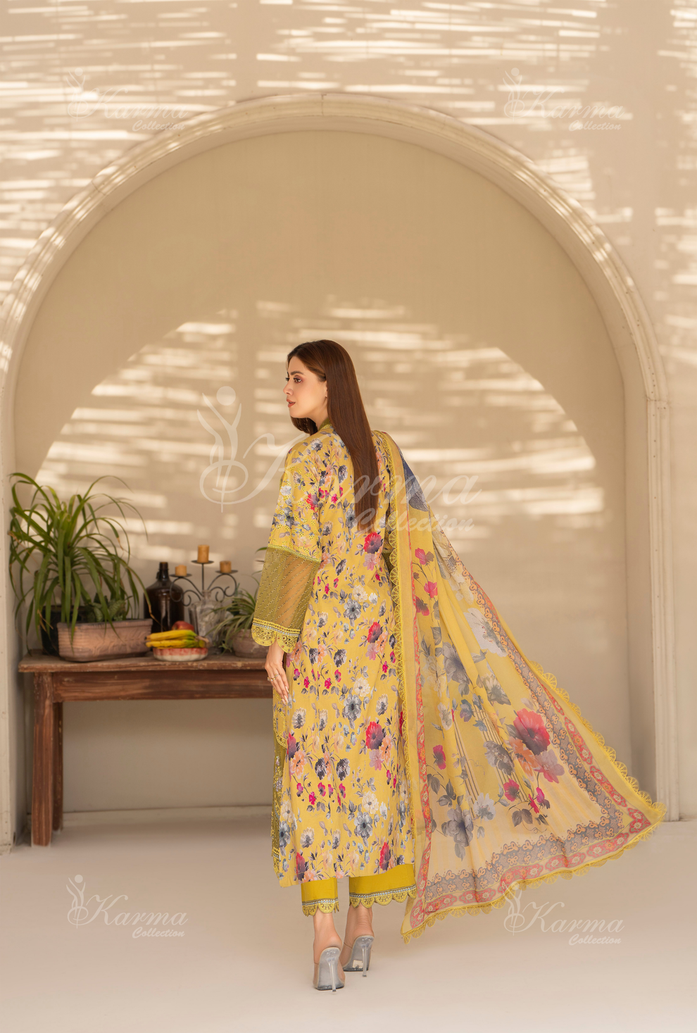 (Mustard) Chikenkari Cotton Lawn 3 Pc - Karma Collection