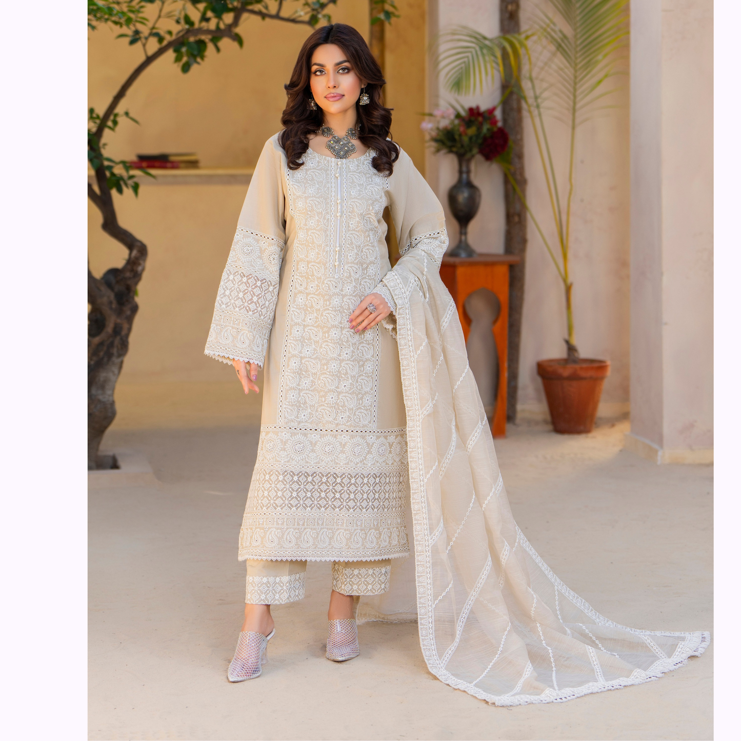KC-1446 Embroidered Cambric Cotton Farshi Shalwar Dress Ready to Wear 3 Pc - Karma Collection