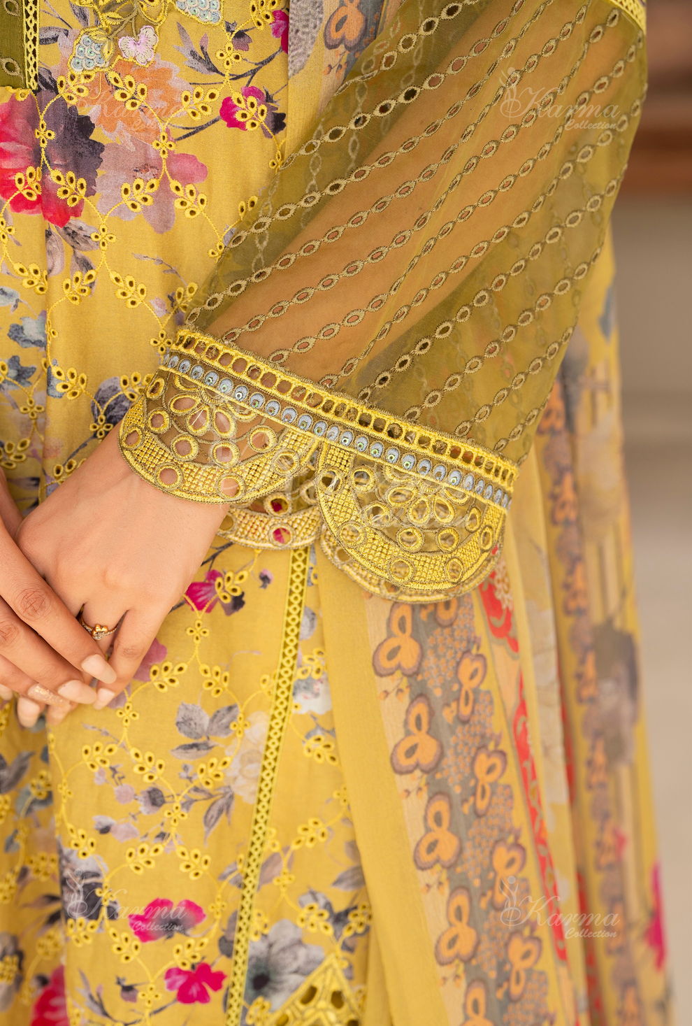 (Mustard) Chikenkari Cotton Lawn 3 Pc - Karma Collection