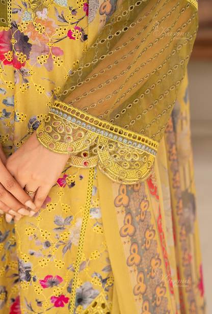 (Mustard) Chikenkari Cotton Lawn 3 Pc - Karma Collection