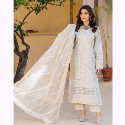 KC-1446 Embroidered Cambric Cotton Farshi Shalwar Dress Ready to Wear 3 Pc - Karma Collection
