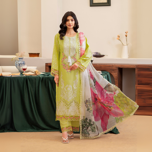 UKC-24 (Avacado Green) Chikenkari Cambric Cotton Ready to Wear Eid Collection 3 Pc - Karma Collection